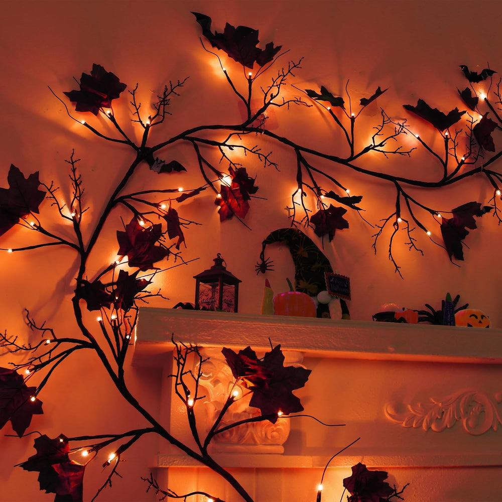 9 FT 72 LED Willow Vine Twig Decor Black Halloween Garland with Orange Lights...