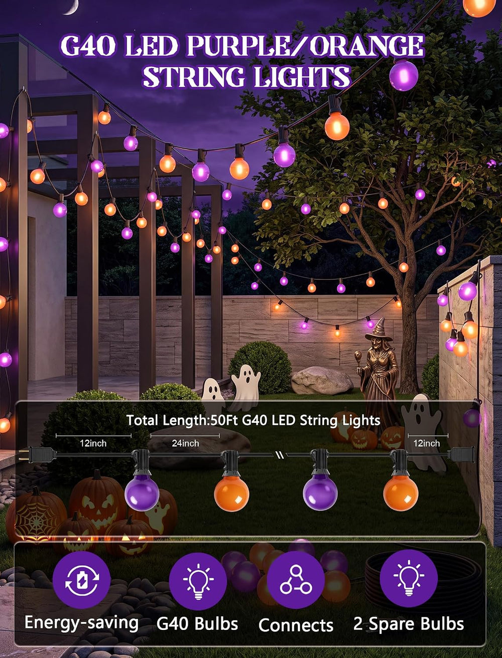 50FT G40 Halloween Orange and Purple Globe String Lights Outdoor Waterproof
