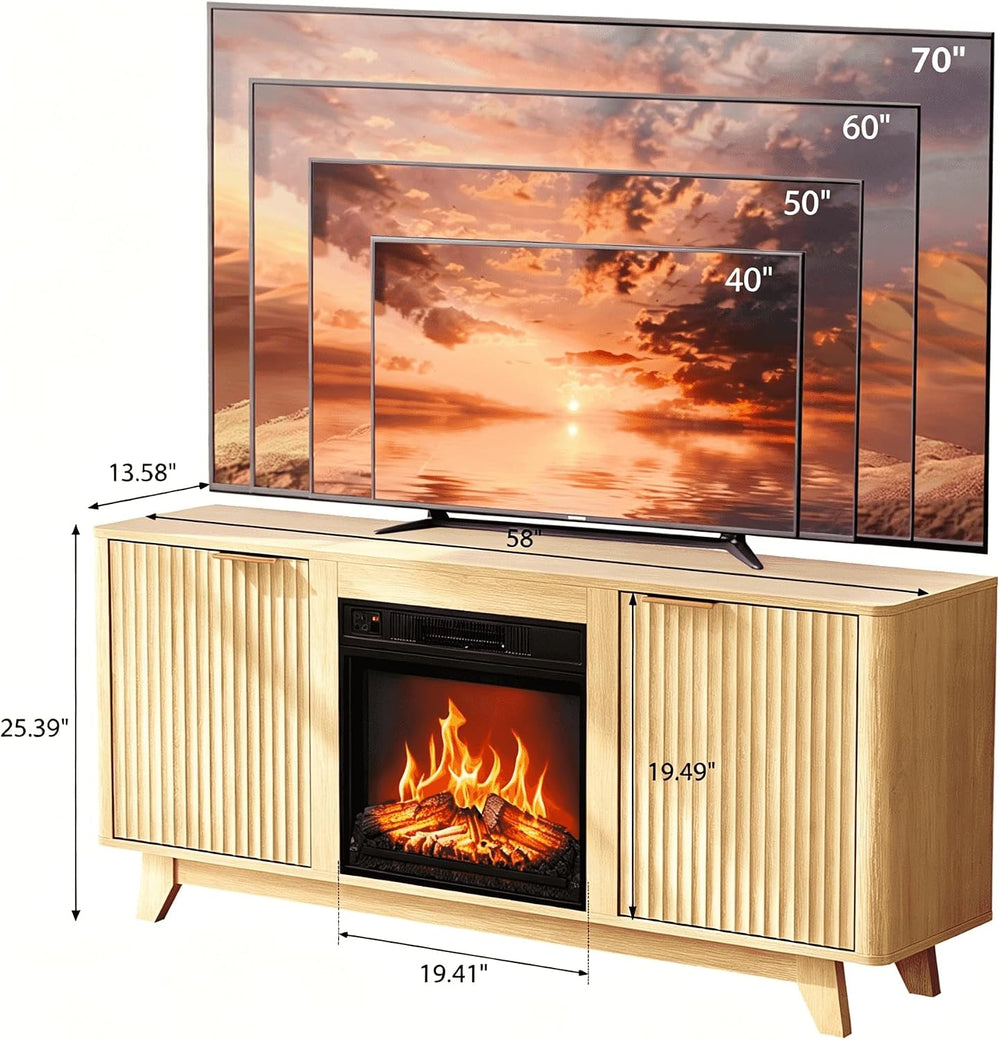 Bonnlo Fluted Fireplace TV Stand for TVs up to 70“, 58” TV Console, Oak