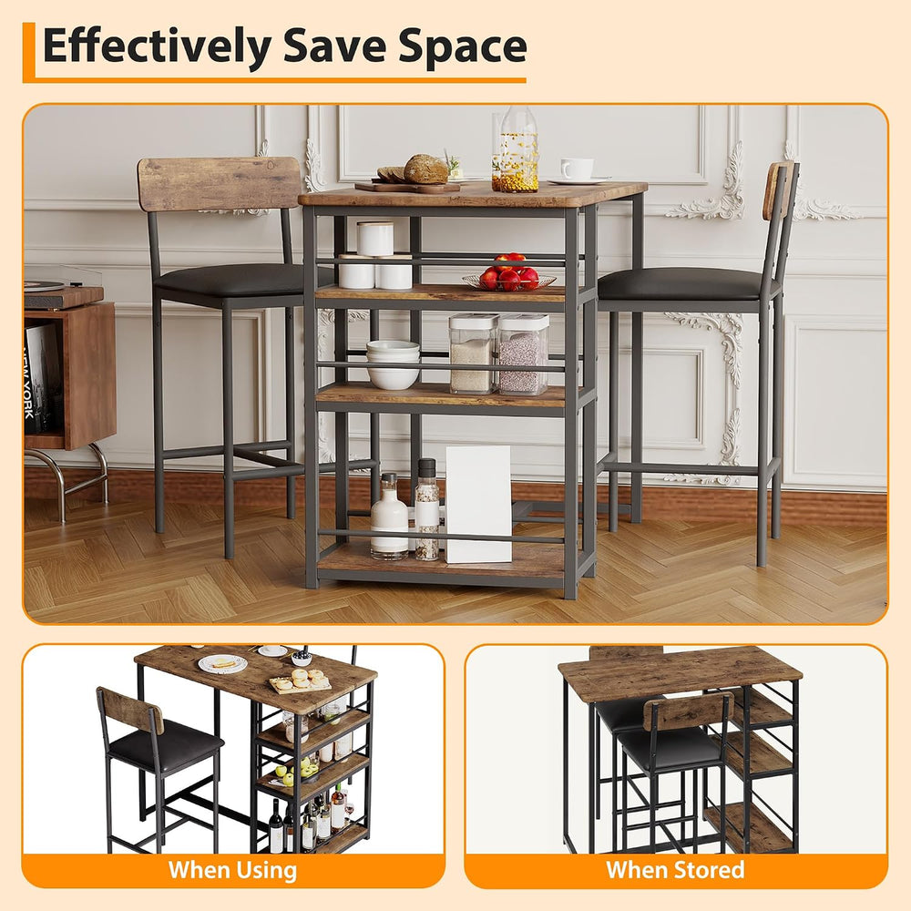 3-Piece Small Bar Table and Chairs Set for 2,Small Dining Table with 2 PU Cus...