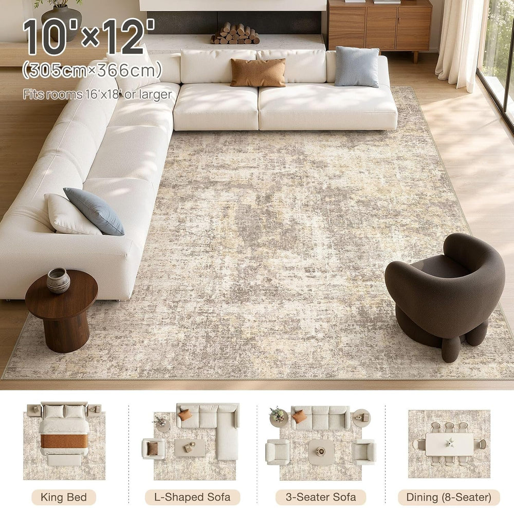 cotiled 10x12 Area Rug for Living Room: Washable Soft Abstract Rugs Beige