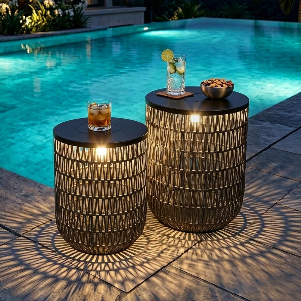 HMVPL Solar Patio Side Table Set of 2 with Dimmable Light, Round Outdoor Side...