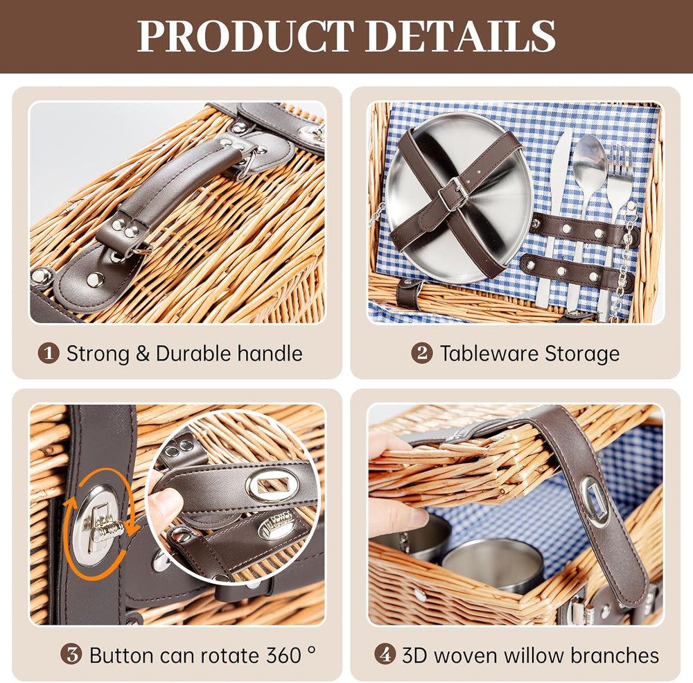 Picnic Basket Set for 2, Wicker Picnic Baskets with Waterproof Blanket and Cu...