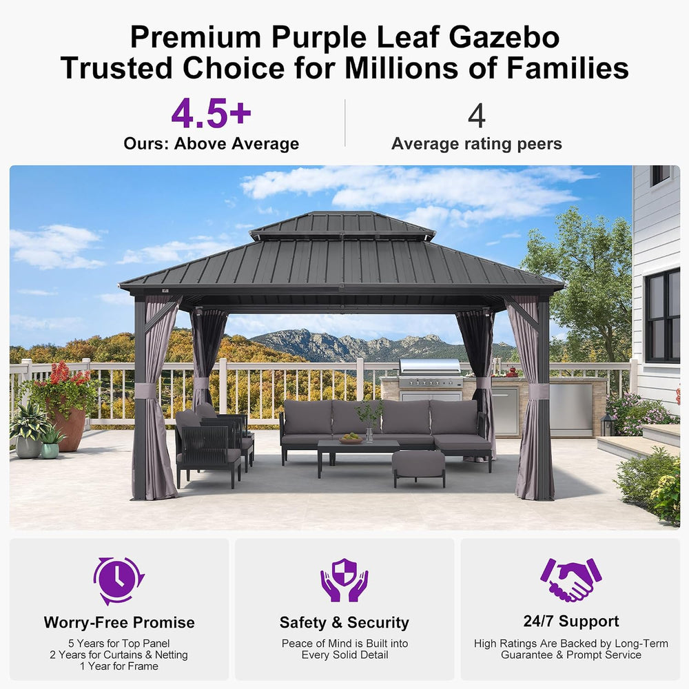 PURPLE LEAF Patio Aluminum Hardtop Gazebo 12' x 14' Privacy Curtain, ...
