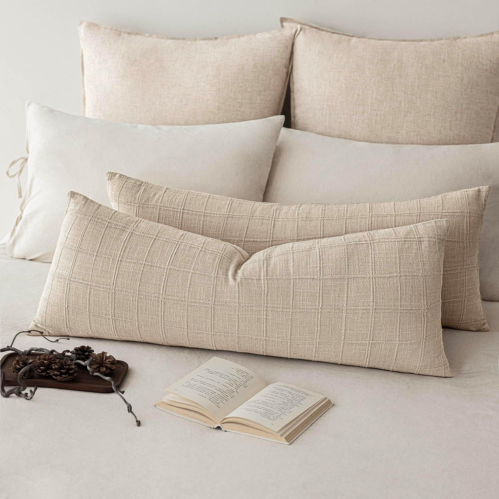 Foindtower Long Linen Check Lumbar Throw Pillow Cover 14×36 Cream White