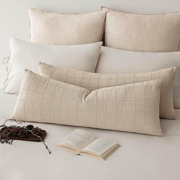 Foindtower Long Linen Check Lumbar Throw Pillow Cover 14×36 Cream White