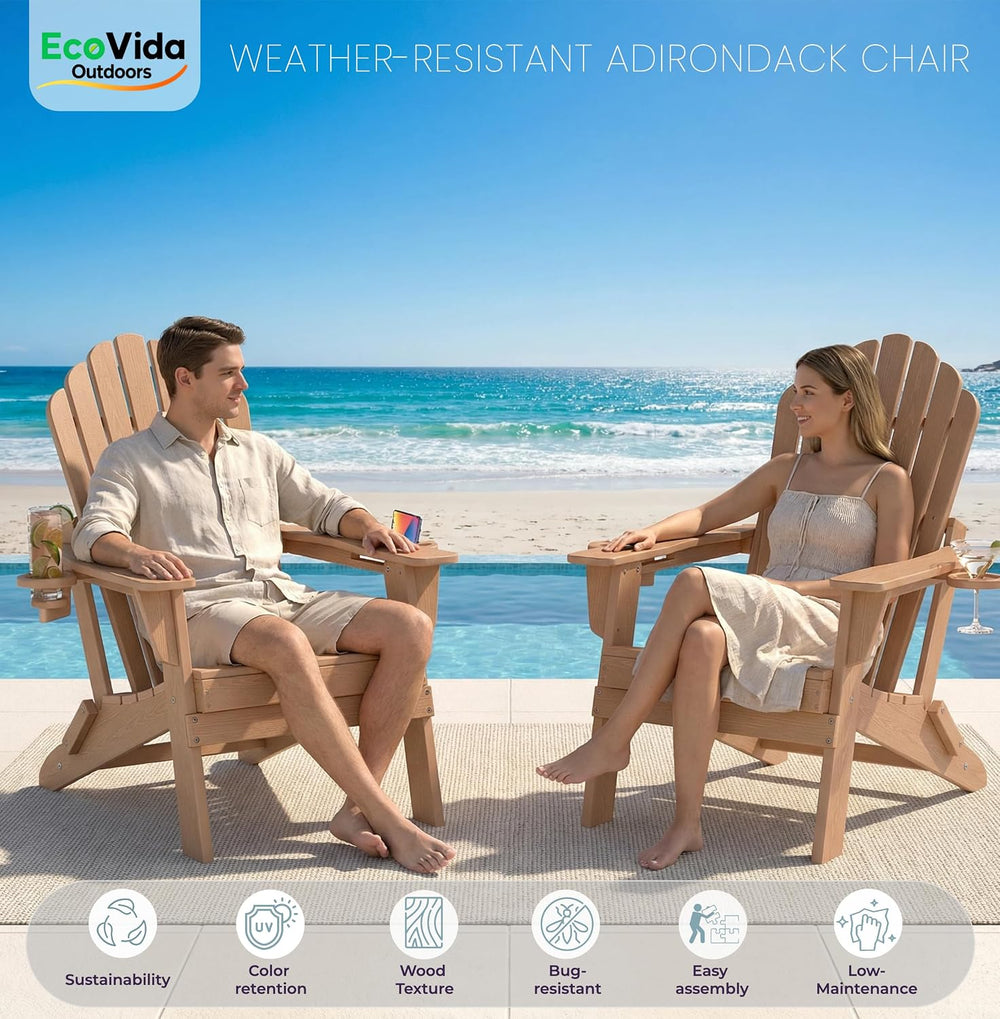 HDPE Folding Adirondack Chair with Dual Cup Holders, Cedar