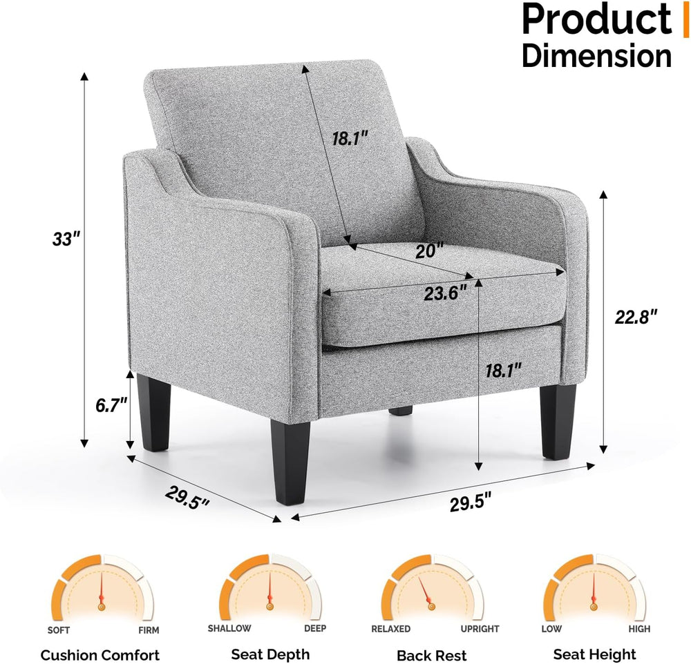 VINGLI Accent Chair, Linen Upholstered Grey Armchair for Living Room