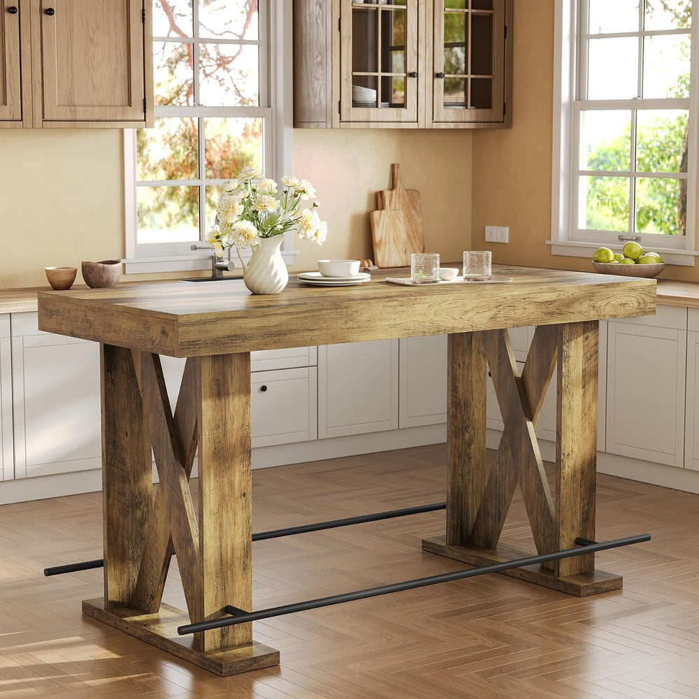LITTLE TREE 63" Bar Table, Pub Table with Metal Footrest (Rustic Brown,2)