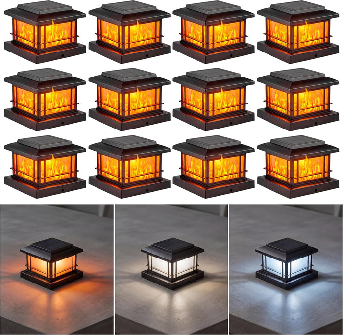 JOFIOS Flickering Flame Solar Post Cap Lights Outdoor, Black Post Lights with 3 Color Temperature, Fits 3.5" 4" 4.5" 5" Wood/Vinyl Posts, IP64 Waterproof Fence Deck Lights for Garden Patio Yard 12Pack