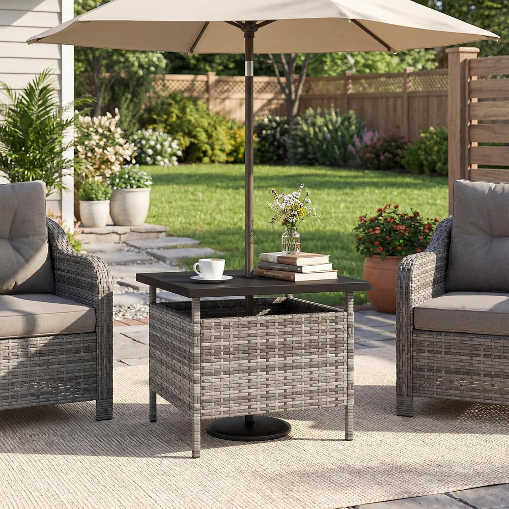 HAPPYGRILL Patio Umbrella Table Stand, Rattan Outdoor Side Table with Umbrell...
