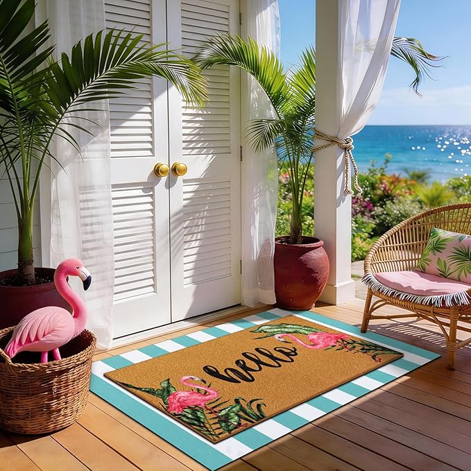 Tinideya 2 Pcs Summer Door Mat Flamingo Welcome Non Slip Coir Hello Mats Floo...