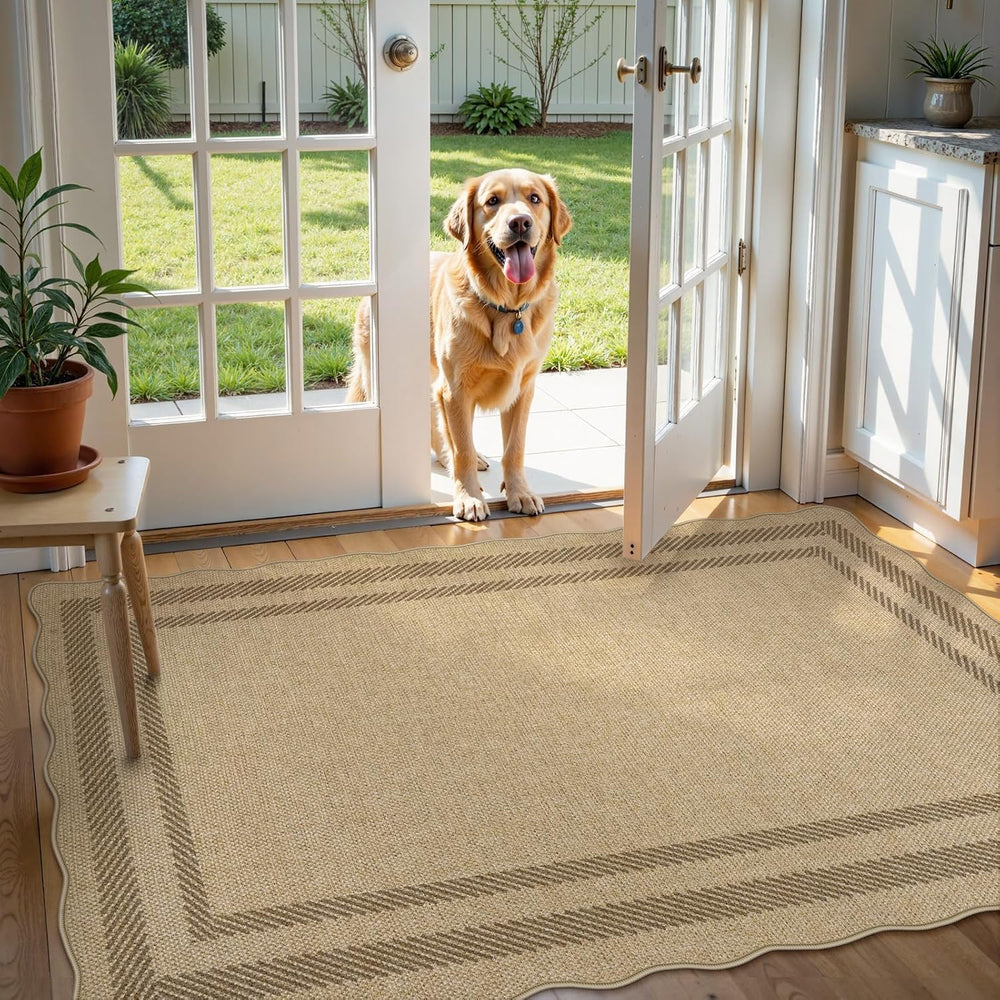 LIVEBOX Scalloped Easy Jute 3x5 Outdoor Rug, Washable Non-Slip Geometric Tan ...
