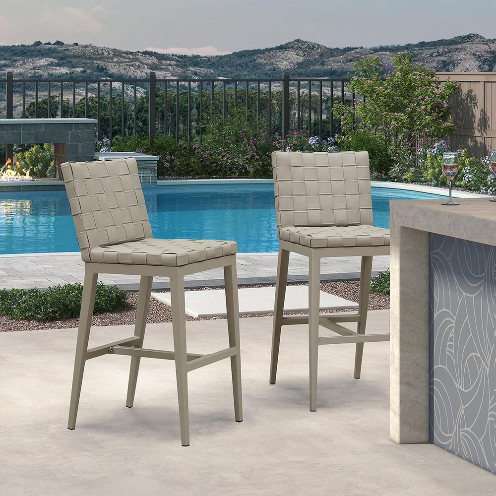 PURPLE LEAF Outdoor Bar Stools Set of 2, Leather Bar Height Chairs, Taupe