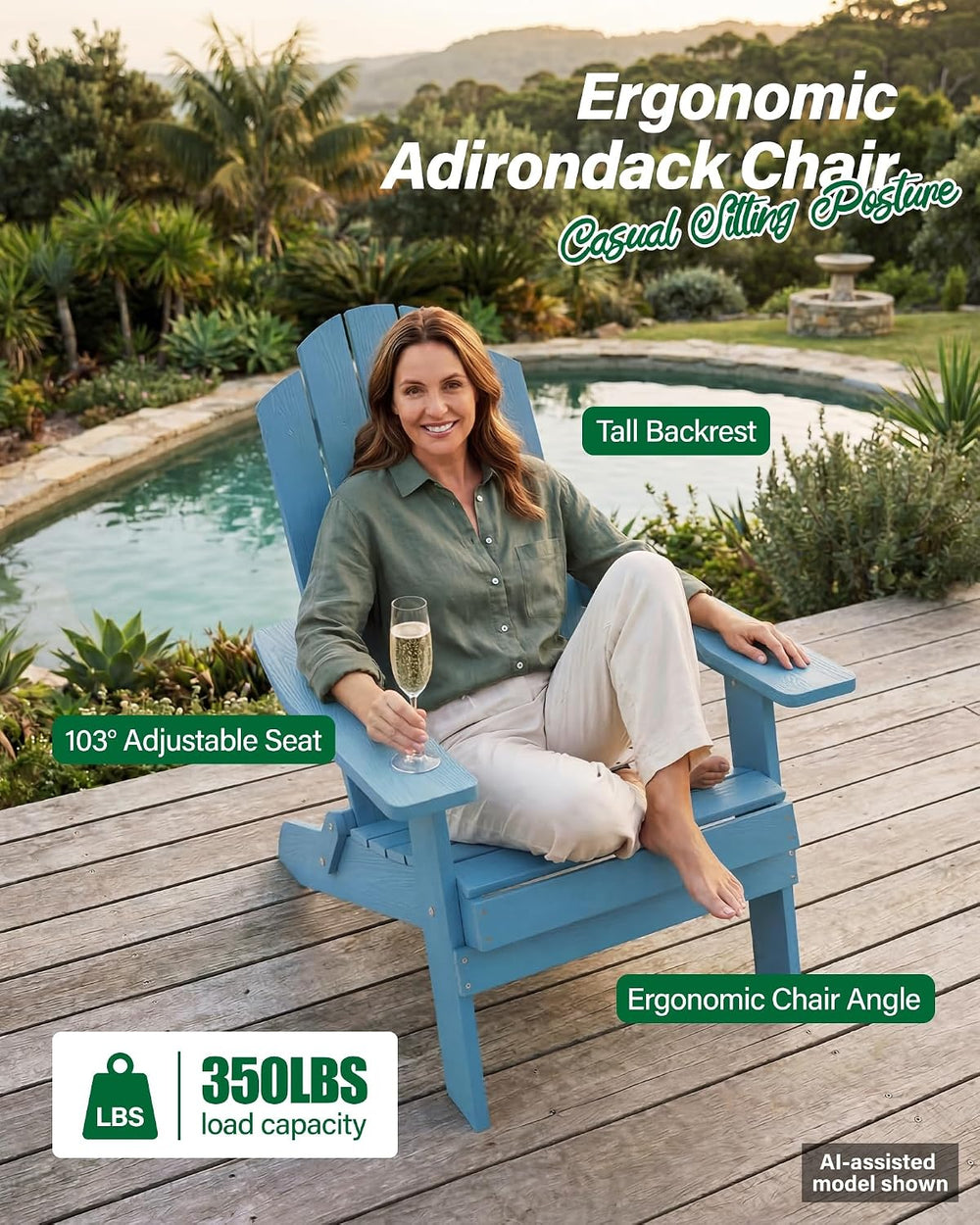 MXIMU Folding Adirondack Chairs Set of 8, Easy to Assemble Plastic Chair