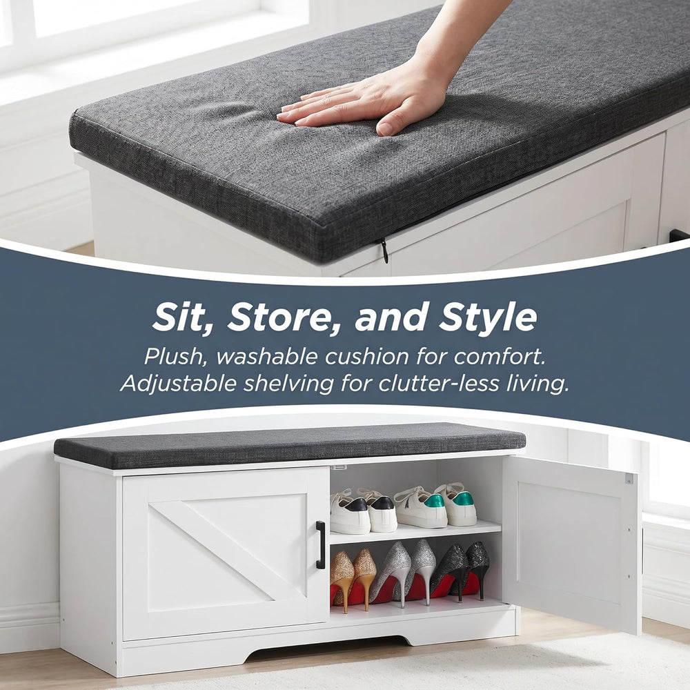 HOMSHO Farmhouse Shoe Storage Bench with 2 Barn Doors & Padded Seat Cushion