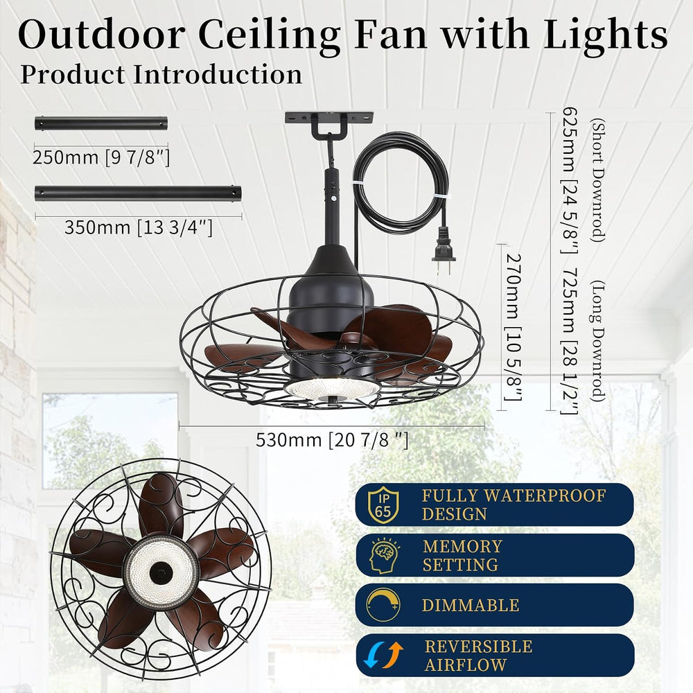 25Inch Outdoor Caged Ceiling Fan with Light Remote Control 3 Color Temp. IP65...