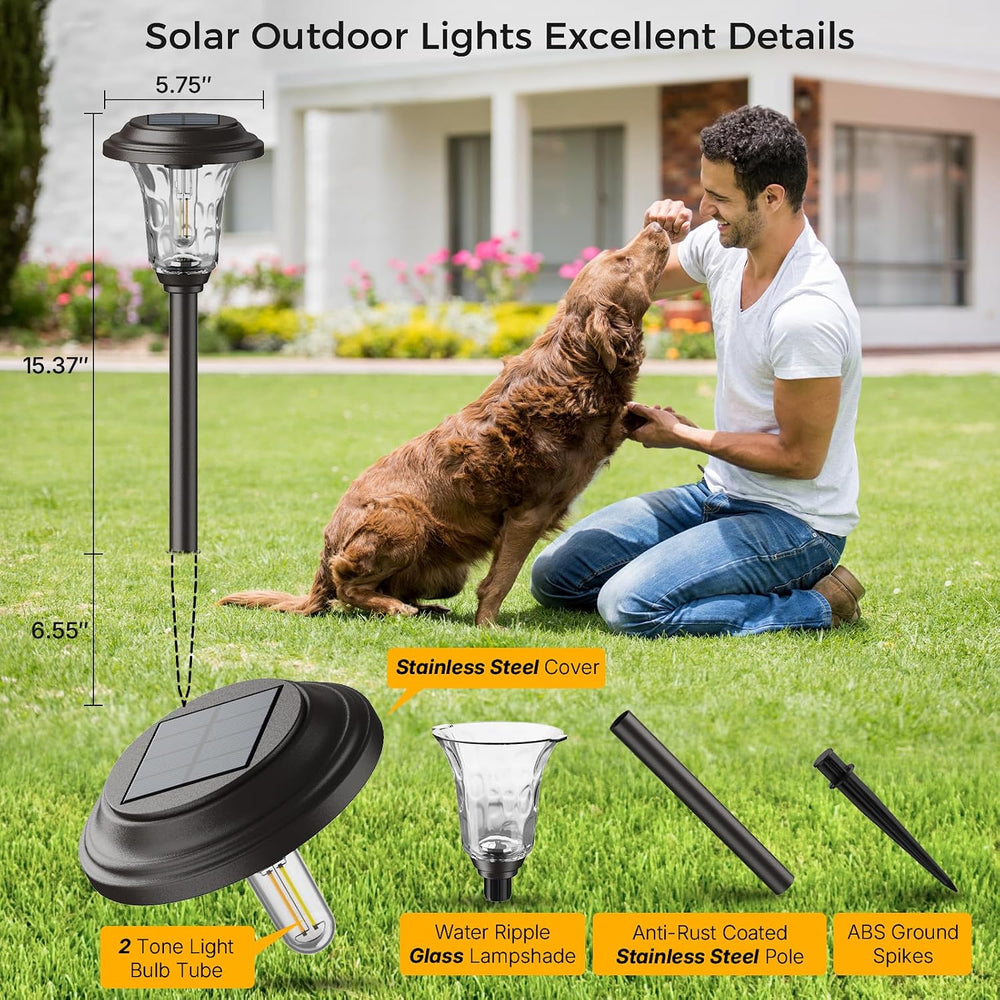 XMCOSY+ Solar Lights Outdoor, 6 Pack Metal Glass Solar Pathway Lights