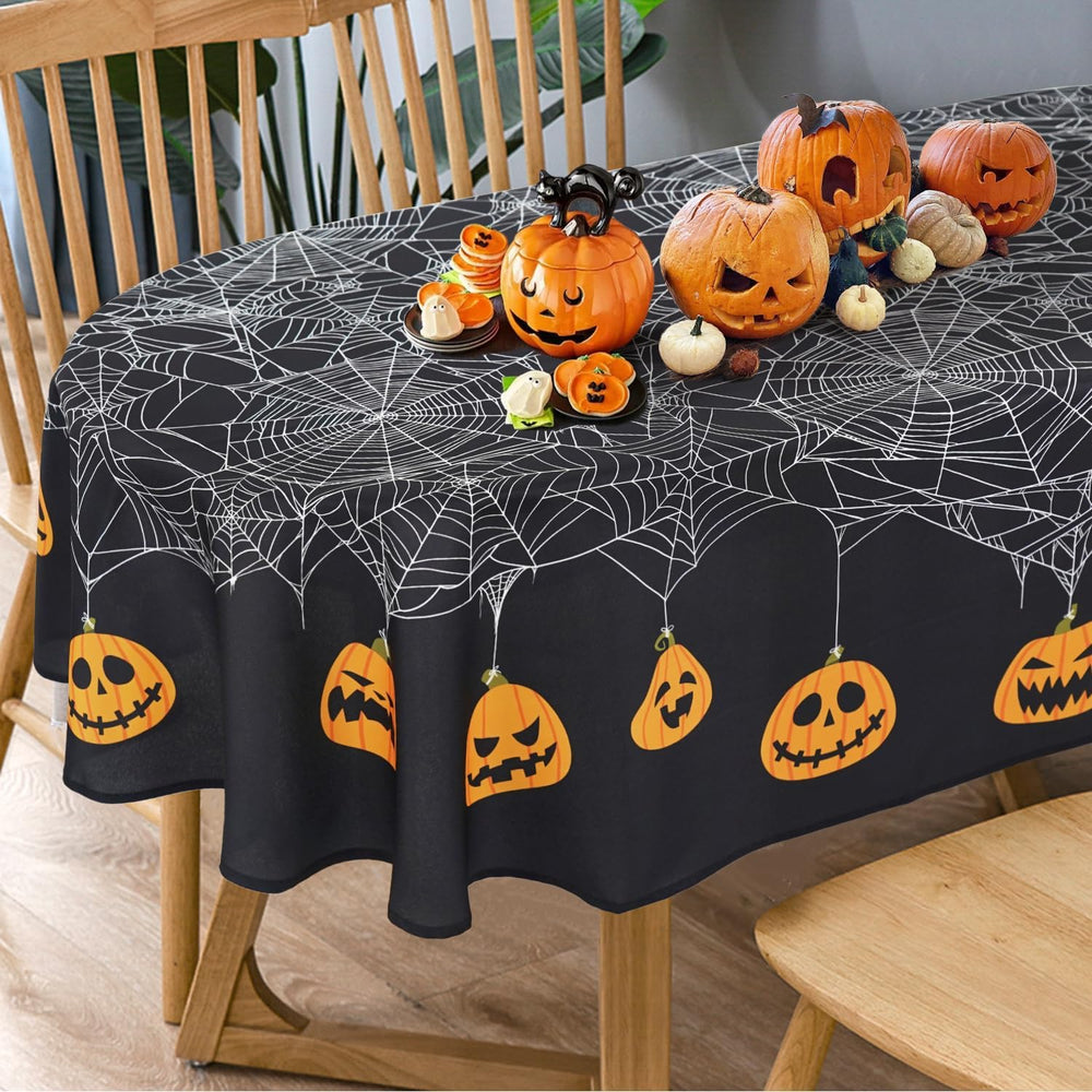 Bnejvif Oval Halloween Tablecloth with Pumpkin Spider Web Bat Design, Waterpr...