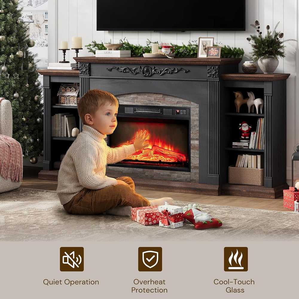 72" Electric Fireplace TV Stand for TVs Up to 85" with Mantel, Black