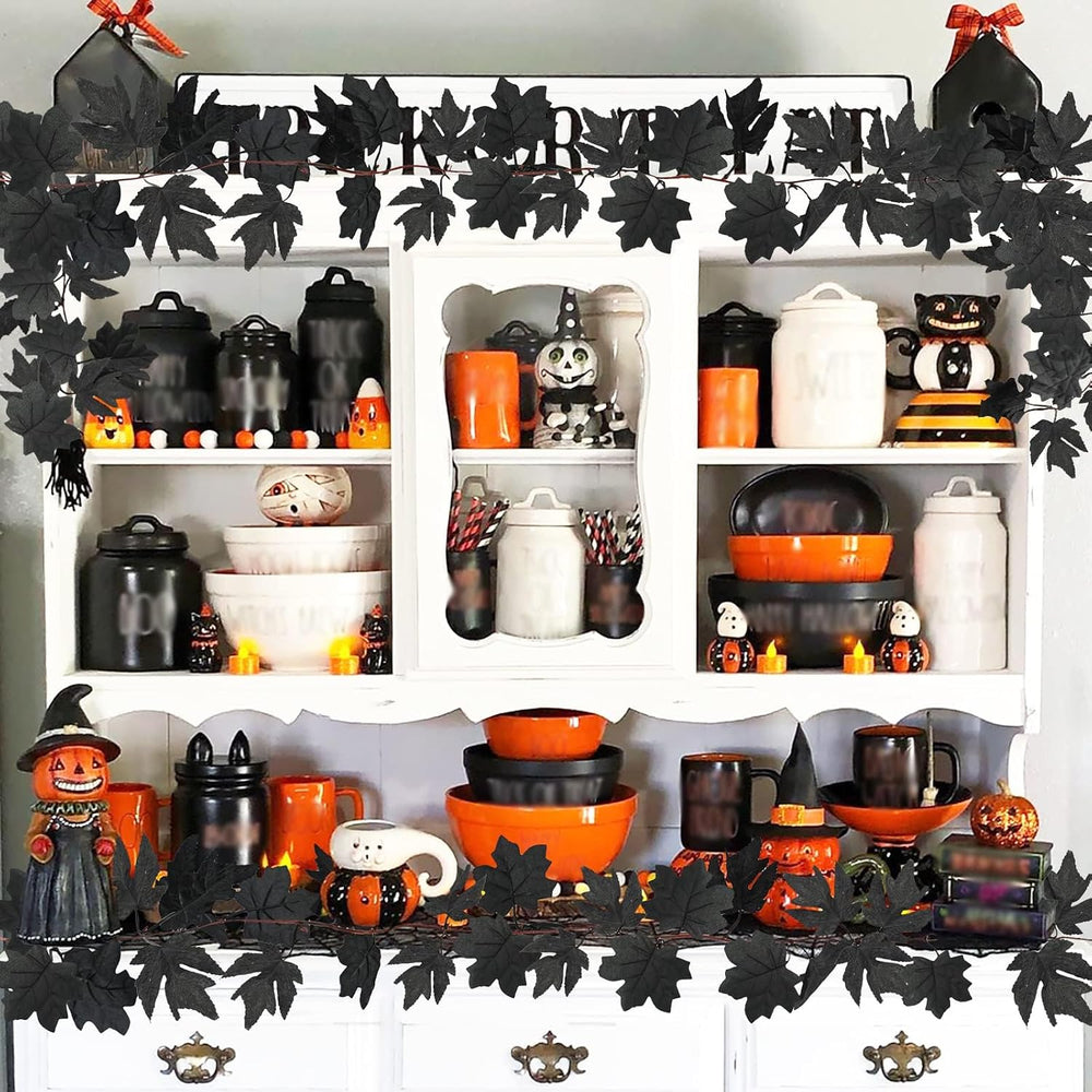 Obbsie 8 Pack 7.8Ft Black Maple Leaf Garland, Halloween Fall Decor