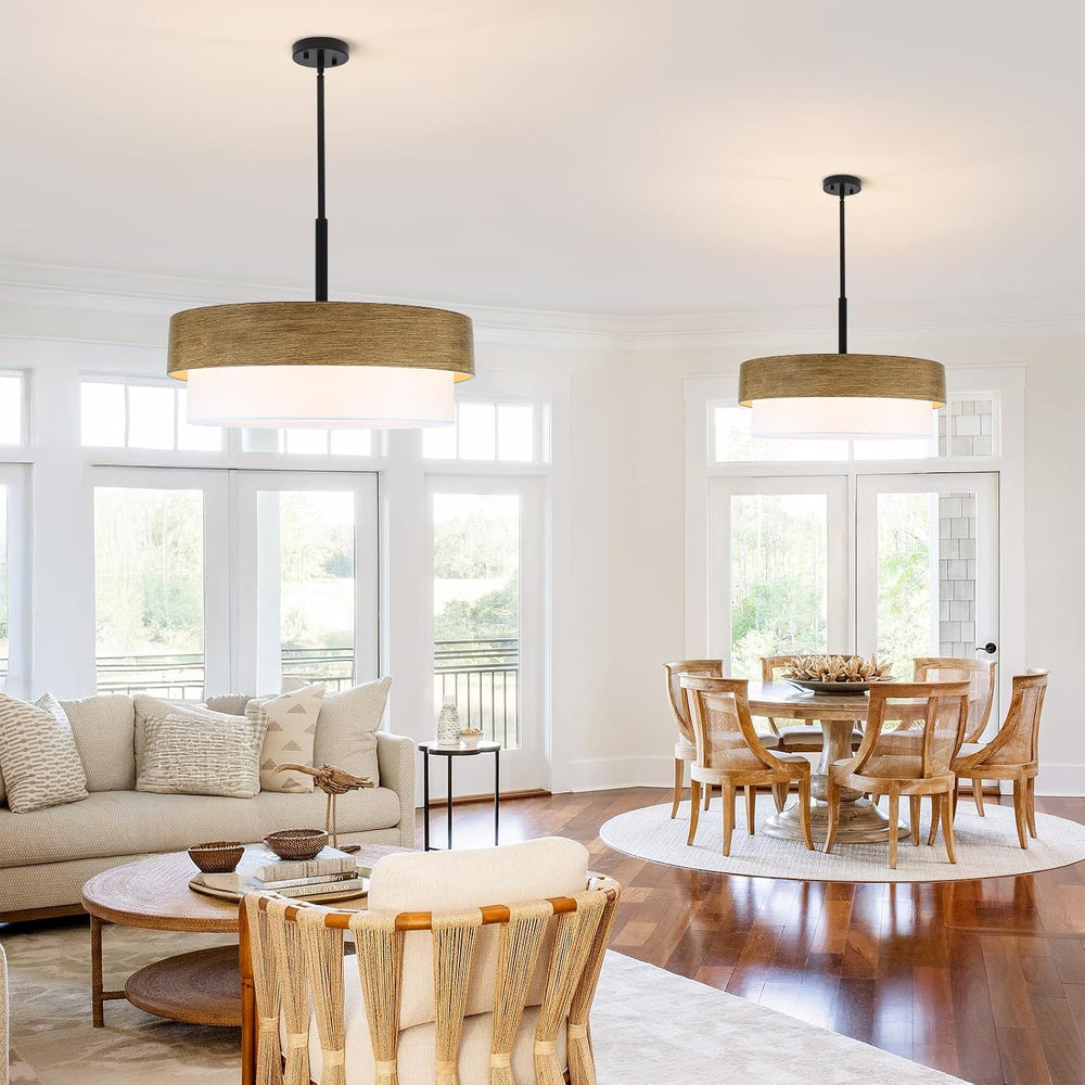 23.6" Large Wood Texture Drum Chandelier for Dining Room with White Fabric