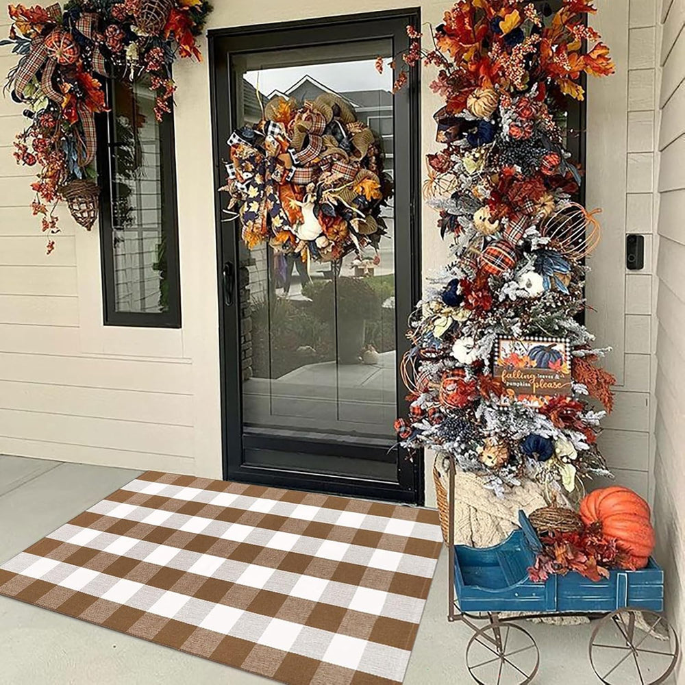 Fall Door Mat 3'x5'Brown and White Buffalo Plaid Rug Fall Front Porch...
