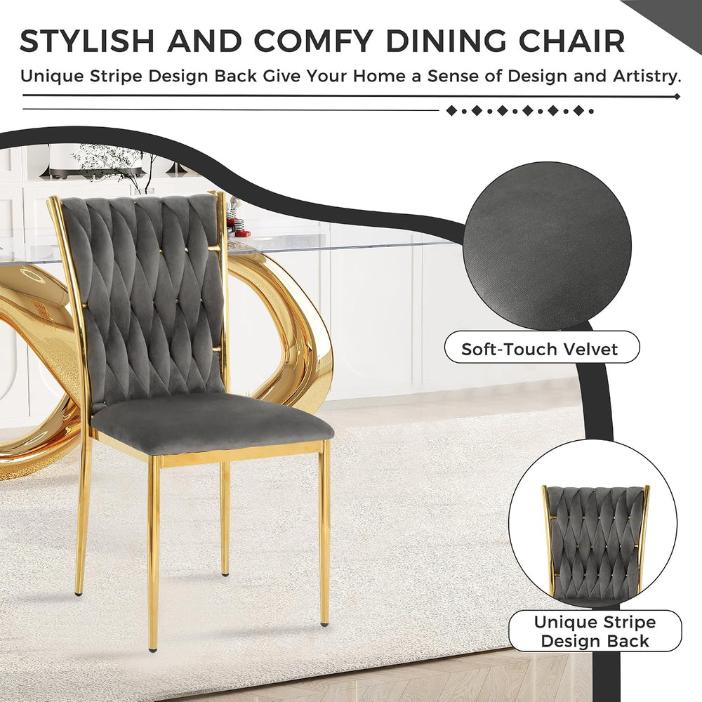Modern Grey Velvet Dining Chairs Set of 4 with Woven High Back