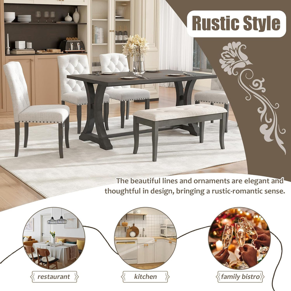 Merax 6-Piece Farmhouse Dining Table Set with Bench and Upholstered Chairs, R...
