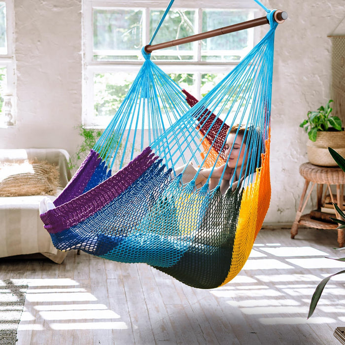 Upgraded Caribbean Hammock Chair with Detachable Metal Bar, Large Hammock Swing Chair, XL Rope Hanging Chair for Outdoor Indoor, 330 LBS Weight Capacity, HawaiiRainbow
