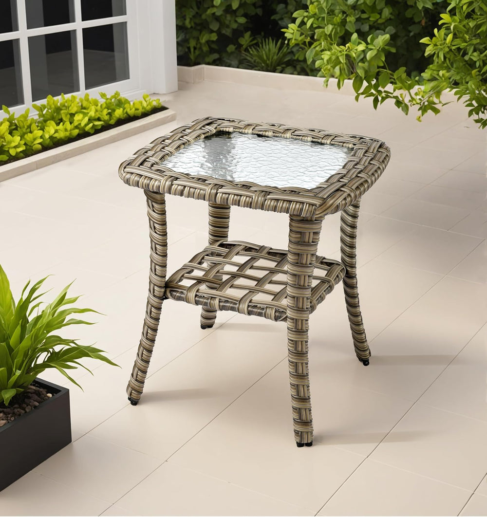 ovios Outdoor Side Table with Tempered Glass Top, Patio Wicker Rattan 2-Tier ...