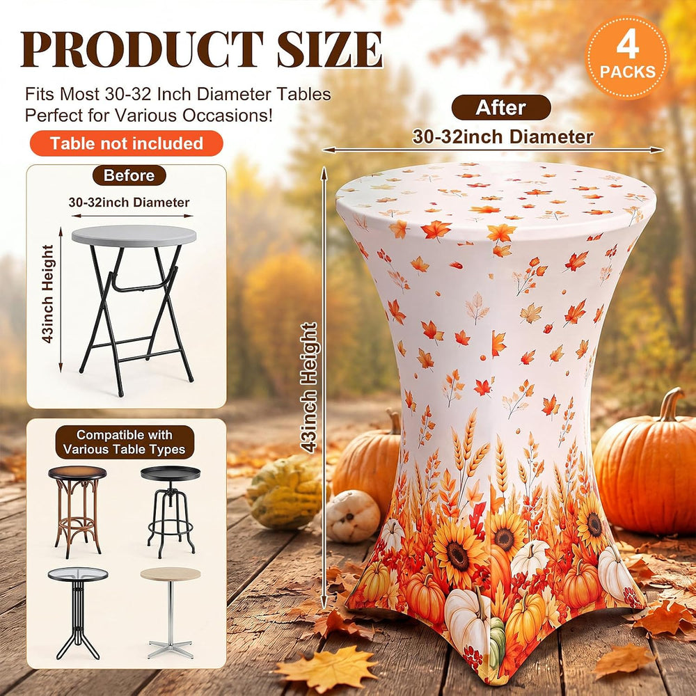 4 Pack Fall Thanksgiving Cocktail Tablecloth, Round High Top Table Covers