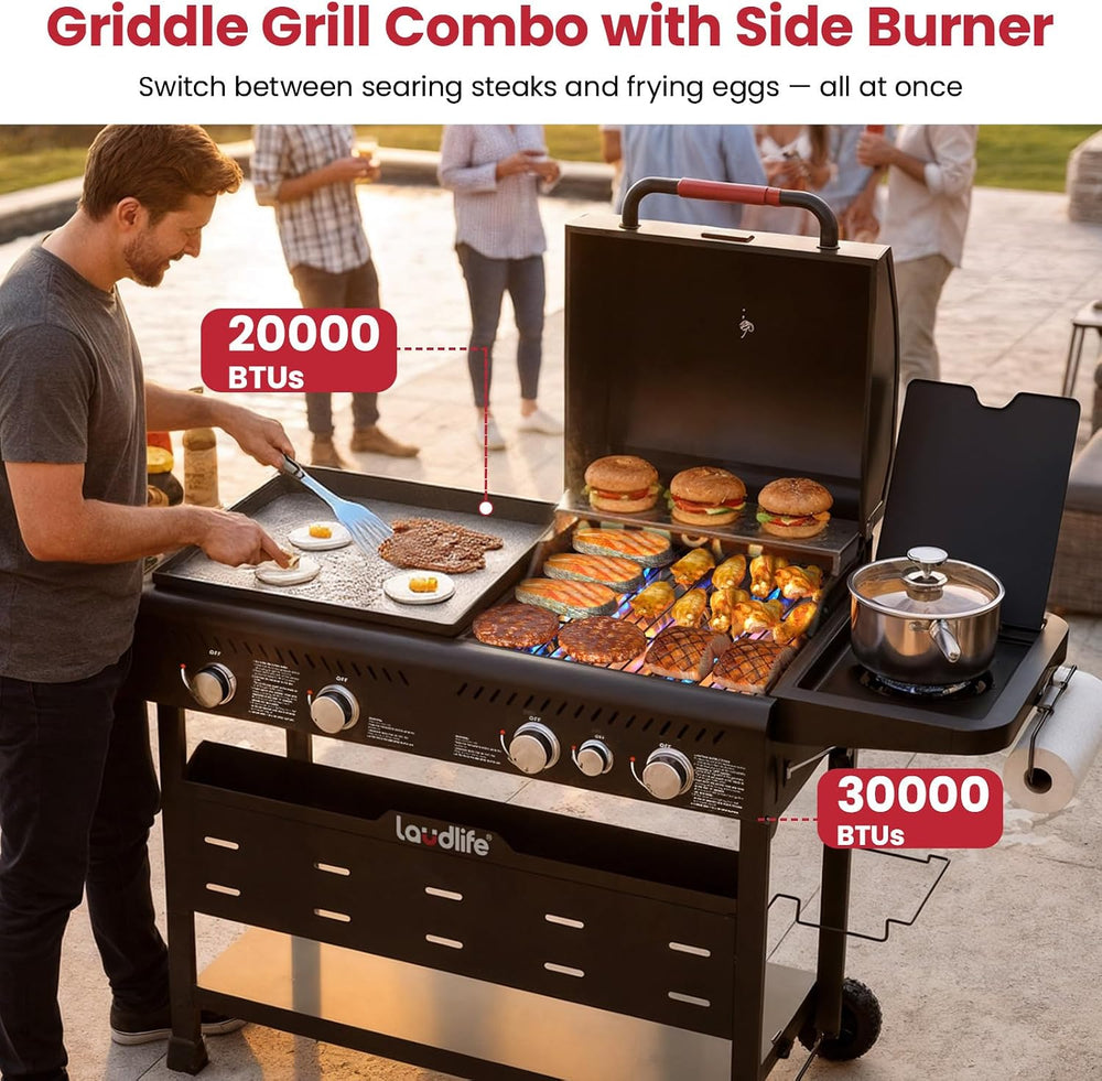 LAUDLIFE 5-Burner Propane Grill Griddle Combo with Side Burner