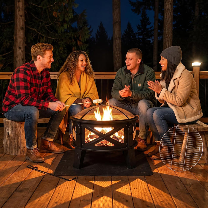 Fire Beauty 26" 2-in-1 Fire Pit with BBQ Grill, Spark Screen & Poker, Black