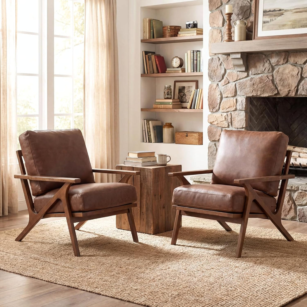 chairus Mid-Century Modern Brown Faux Leather Accent Chairs Set of 2, Comfy U...