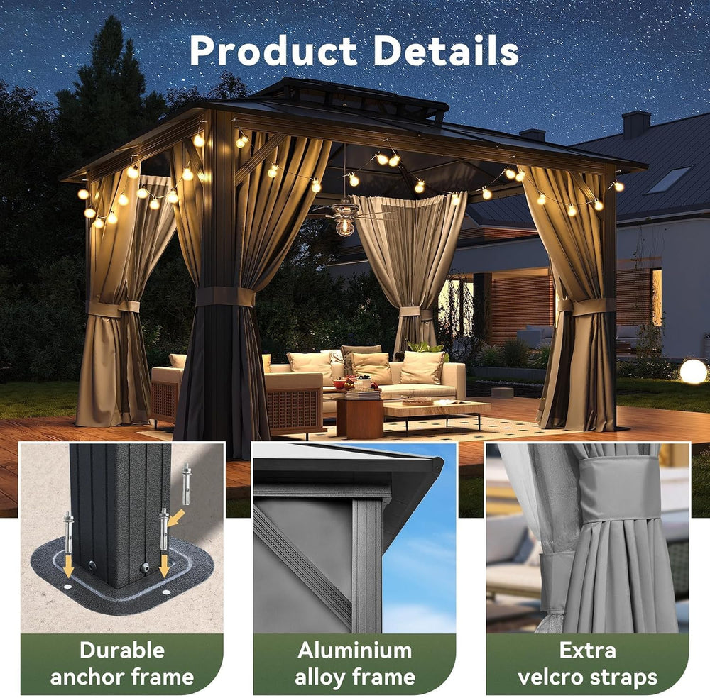 10'x12' Hardtop Gazebo Outdoor Permanent Gazebo with Double Polycarbo...
