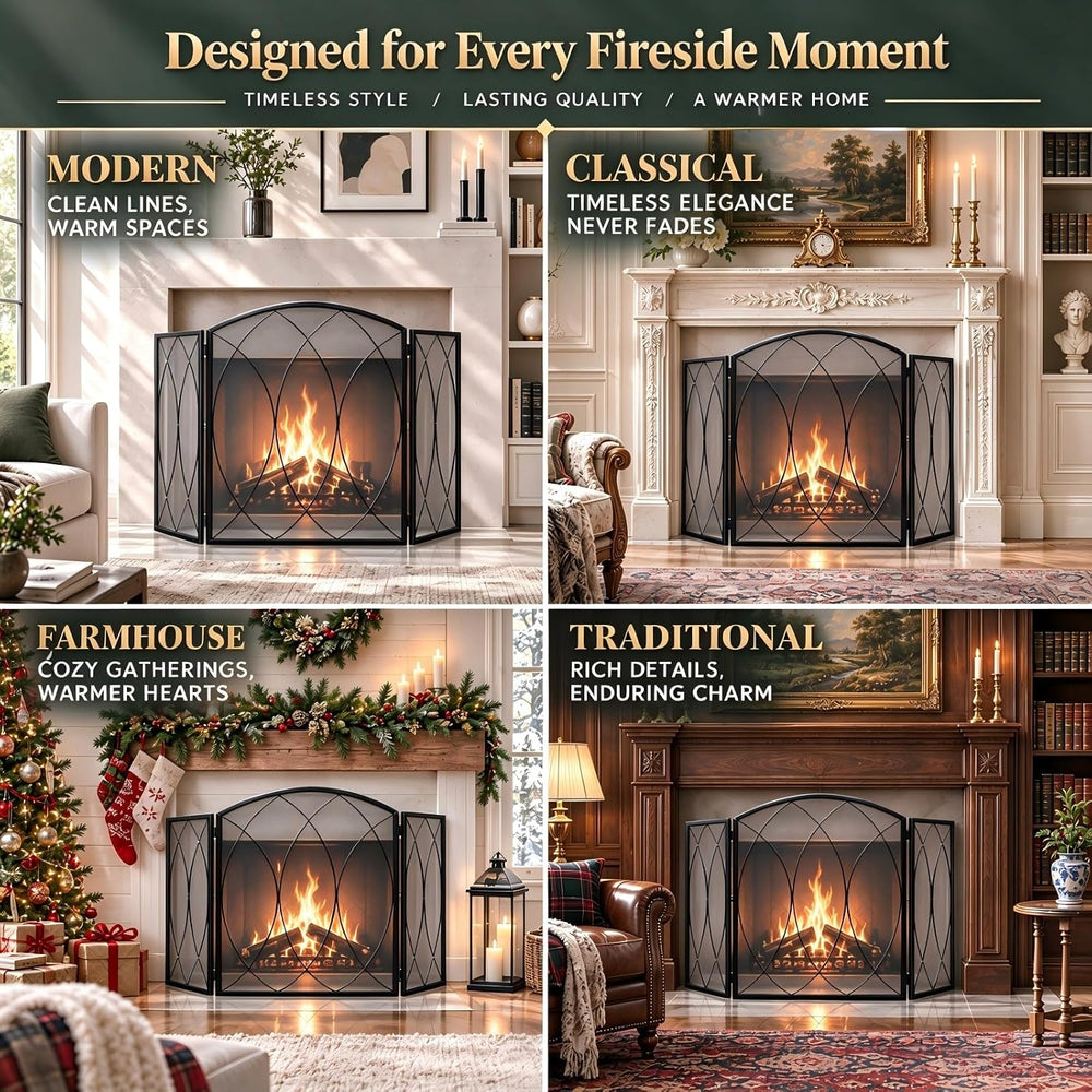 FEED GARDEN 3-Panel Fireplace Screen 48"W x 29.5"H Wrought Iron Spa...