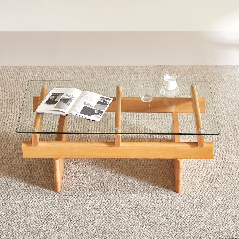 Finekoze Glass Coffee Table for Living Room,100% Solid Wood Coffee Table with...
