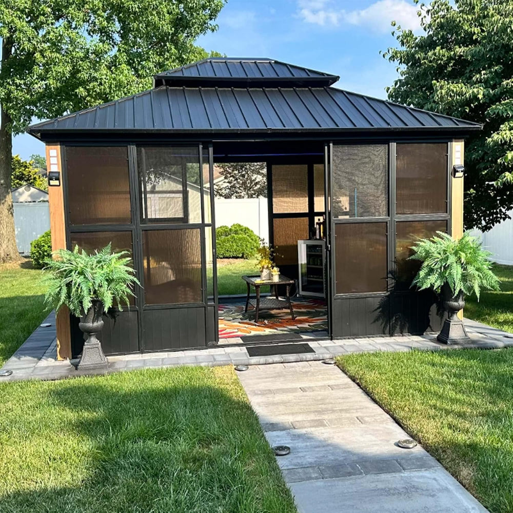 PURPLE LEAF Sunroom 12' x 14' Solarium Double Roof Gazebo, Sliding Doors
