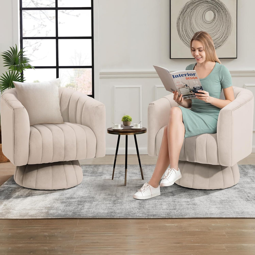 Kromax Swivel Accent Chair Set of 2, Modern 360° Swivel Barrel Chair, Beige