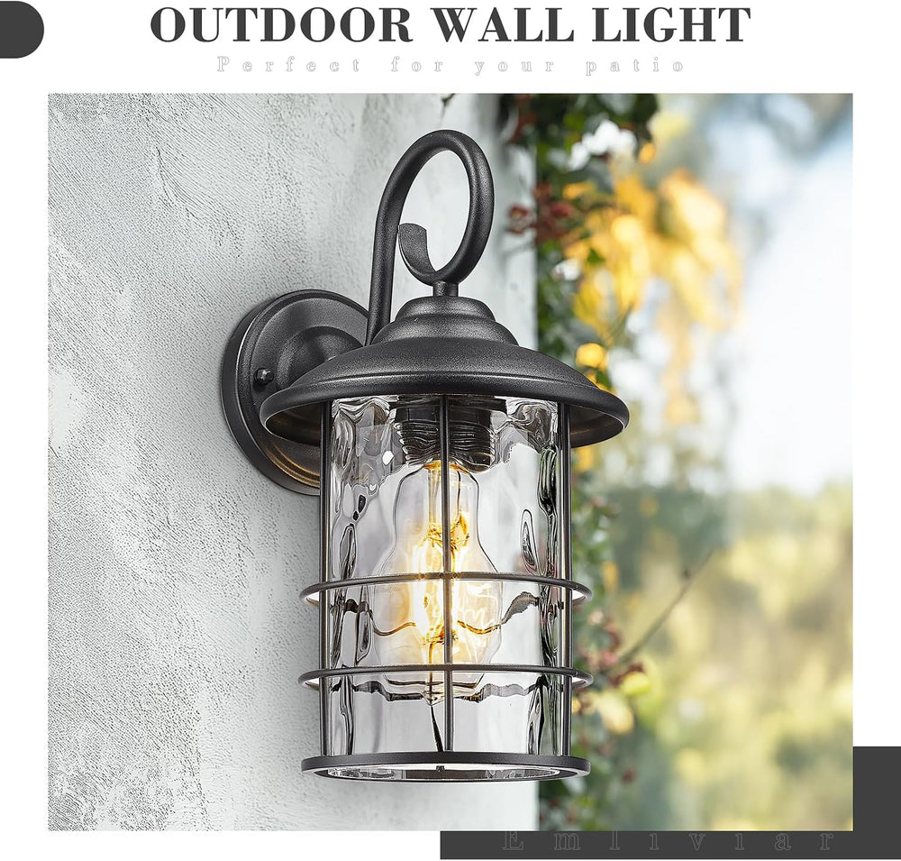 Emliviar 2 Pack Outdoor Black Wall Sconces with Water Ripple Glass, E26 Base,...