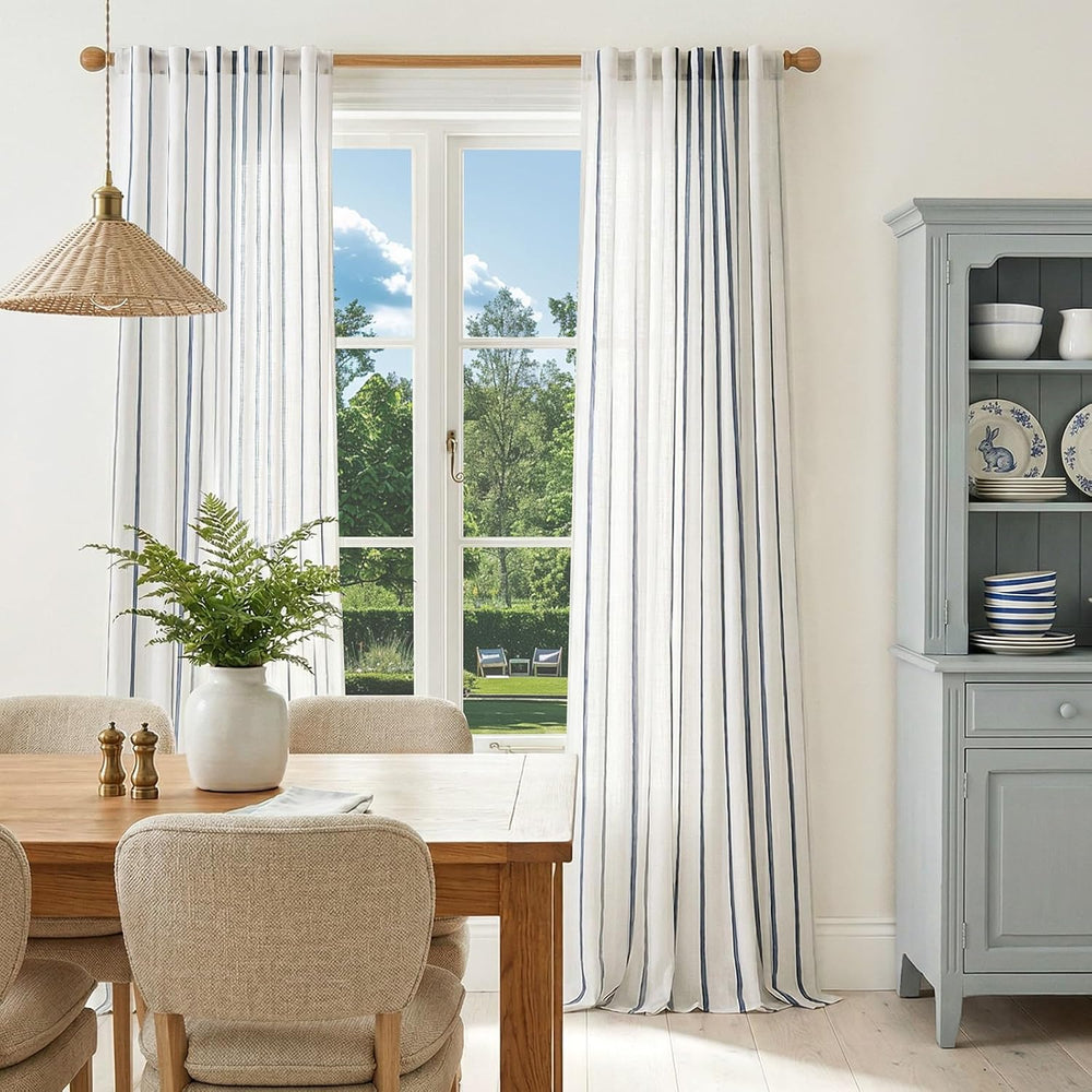 Vangao Striped Curtains Blue on White Semi Sheer Curtains 96 Inches Long