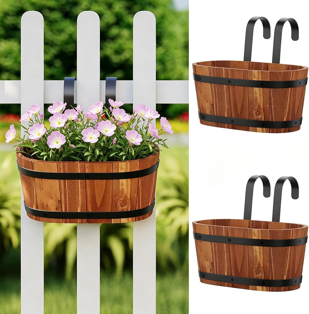 2-Pack Wooden Railing Planters, Hanging Flower Pots with Detachable Hooks for...