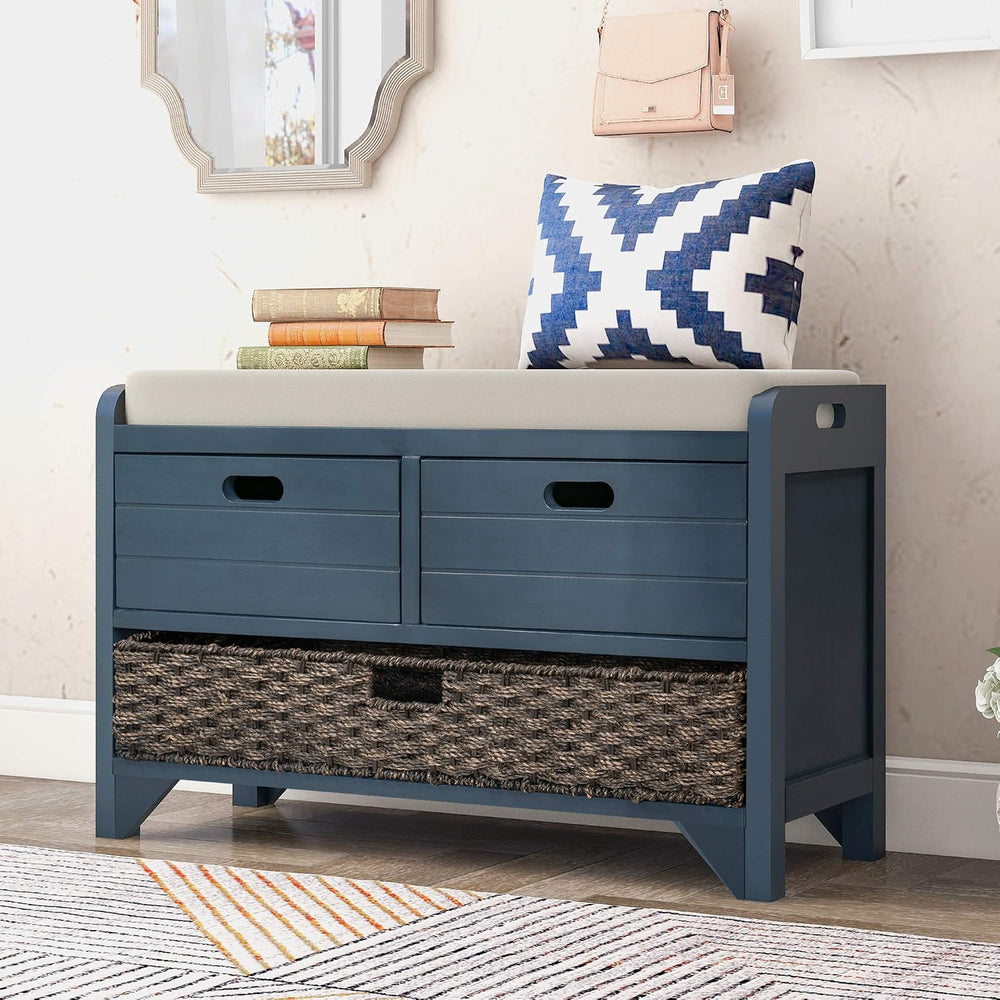 Merax Classic Wood Shoe Storage Bench with 2 Drawers, Large Rattan Basket and...