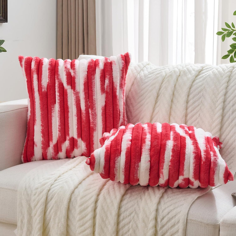 FUTEI Pack of 2 Faux Fur Throw Pillow Covers 26x26 Inch, Red White