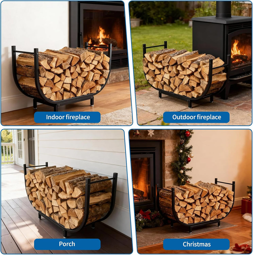 35’’ Firewood Rack Outdoor w Thicken Cover, Curved Metal Wood Rack Indoor