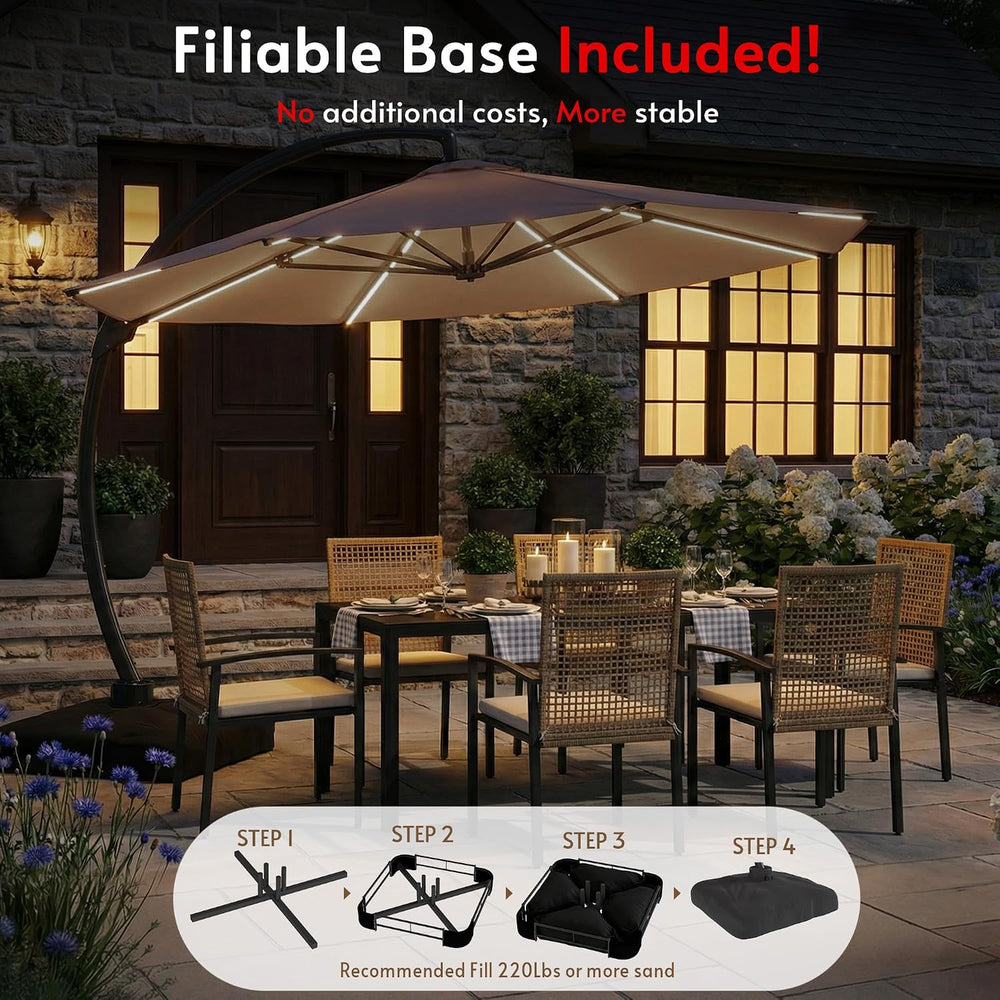 11FT Solar Powered LED Light Cantilever Patio Umbrella with Base Included, La...