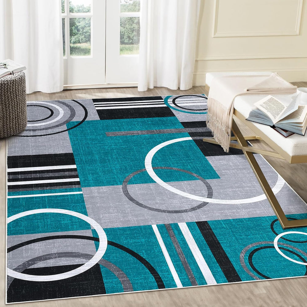 RUGSREAL 9x12 Washable Rugs Abstract Circles Rug Low Pile Throw Carpet