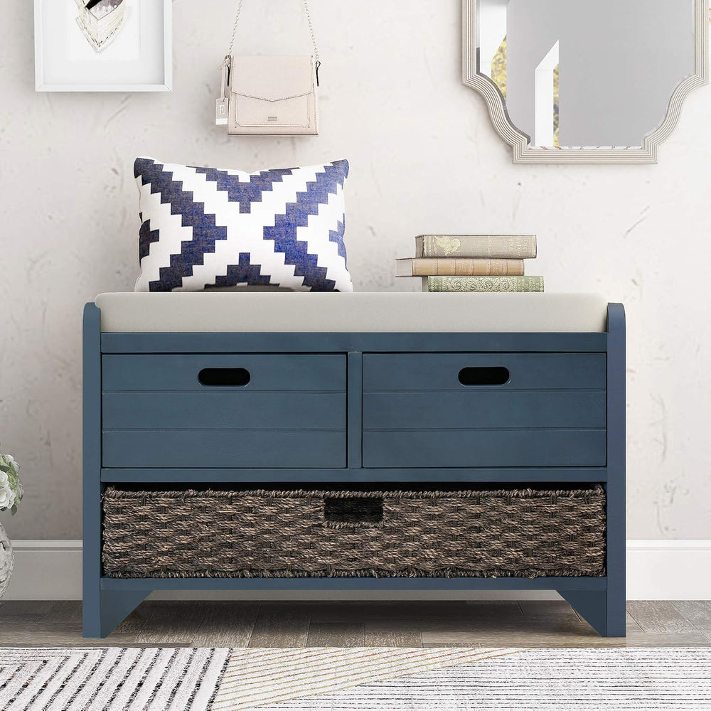 Merax Classic Wood Shoe Storage Bench with 2 Drawers, Large Rattan Basket and...
