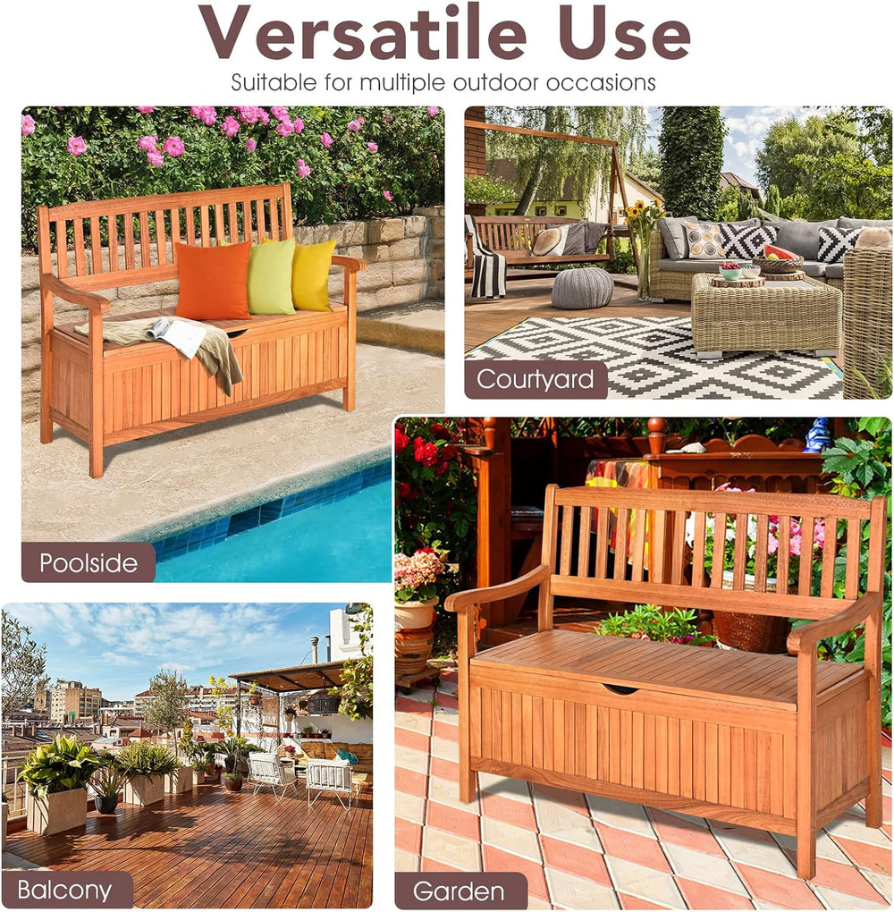 HAPPYGRILL Outdoor Storage Bench Wooden Deck Box with Removable Dustproof Lin...